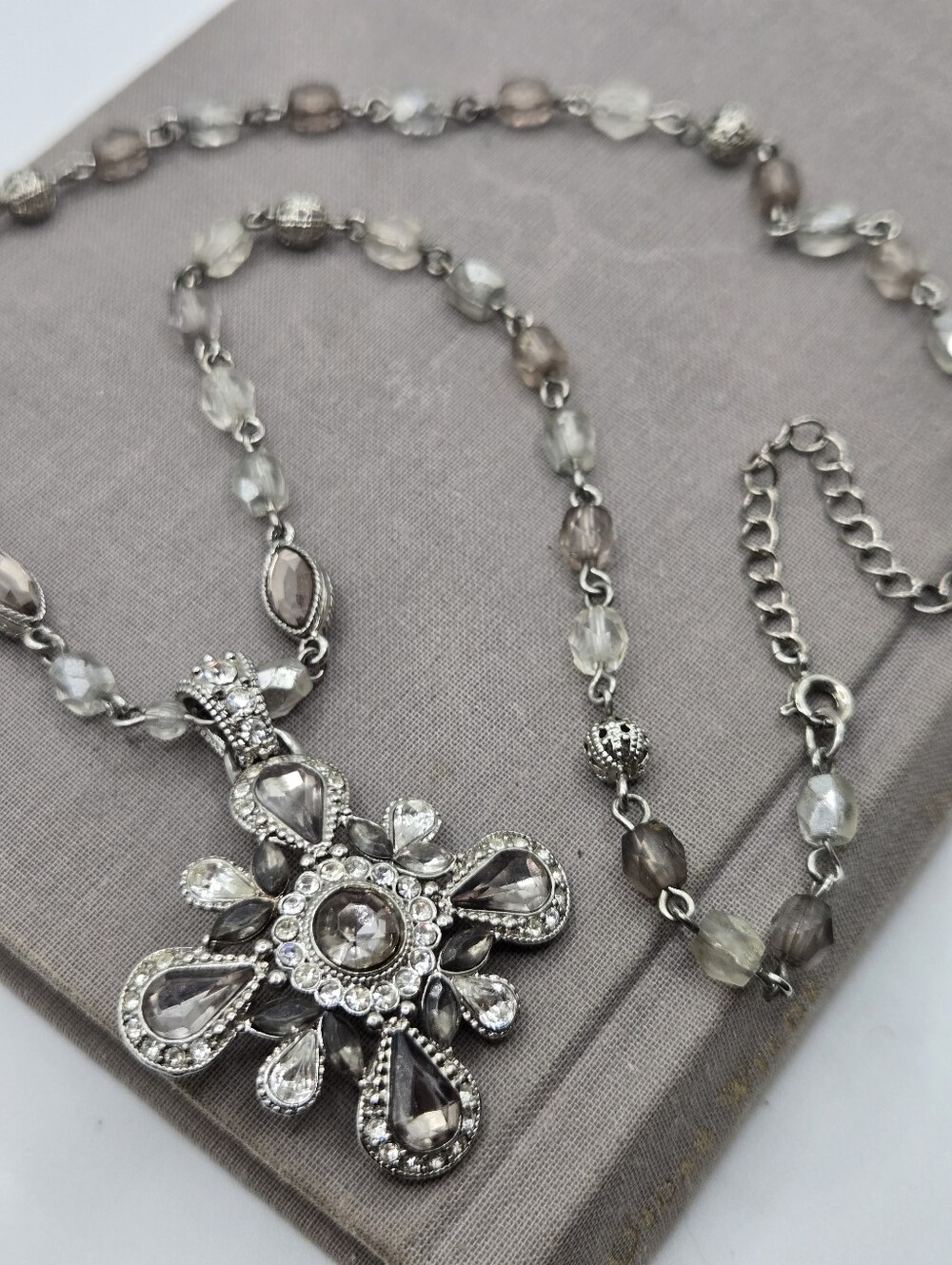 Silvertone Cross Necklace Maltese Cross CZ McBling Y2k 18" Grey CZ Crystals